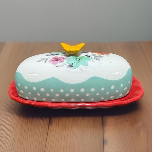 The Pioneer Woman Other - Pioneer Woman Flea Market Floral Red Covered Butter Dish Butterfly Handle 6.4"